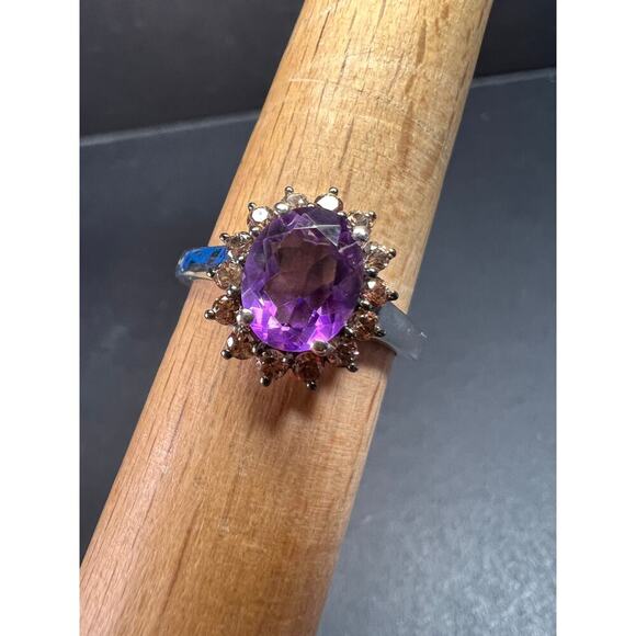 NEW Amethyst and brown zircon halo ring in platinum over sterling silver size 8 - Picture 7 of 16